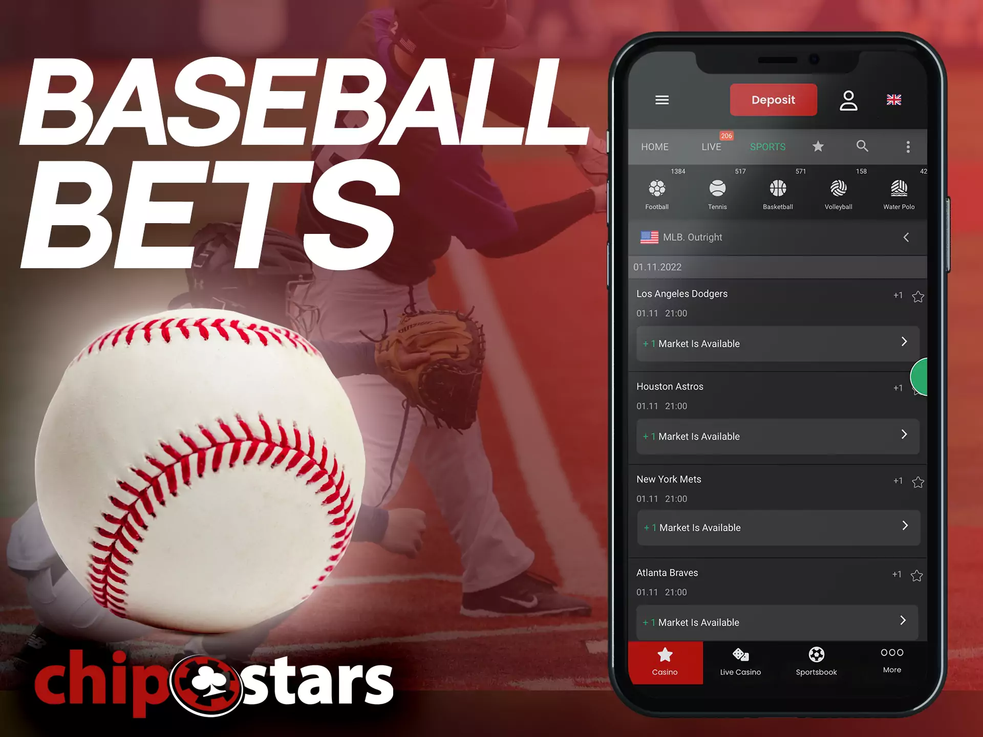 In the Chipstars sportsbook, you can place a bet on baseball.