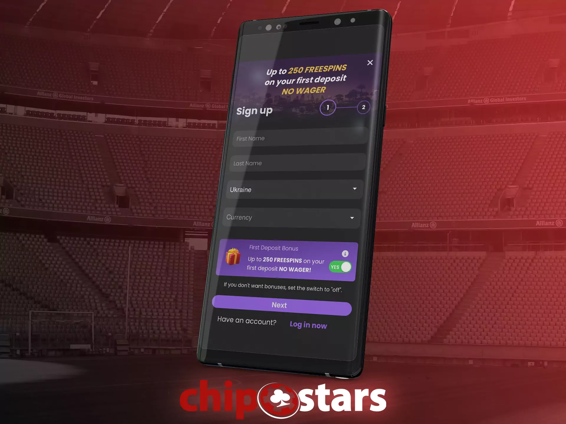 Fill in the fields to create an account on Chipstars.