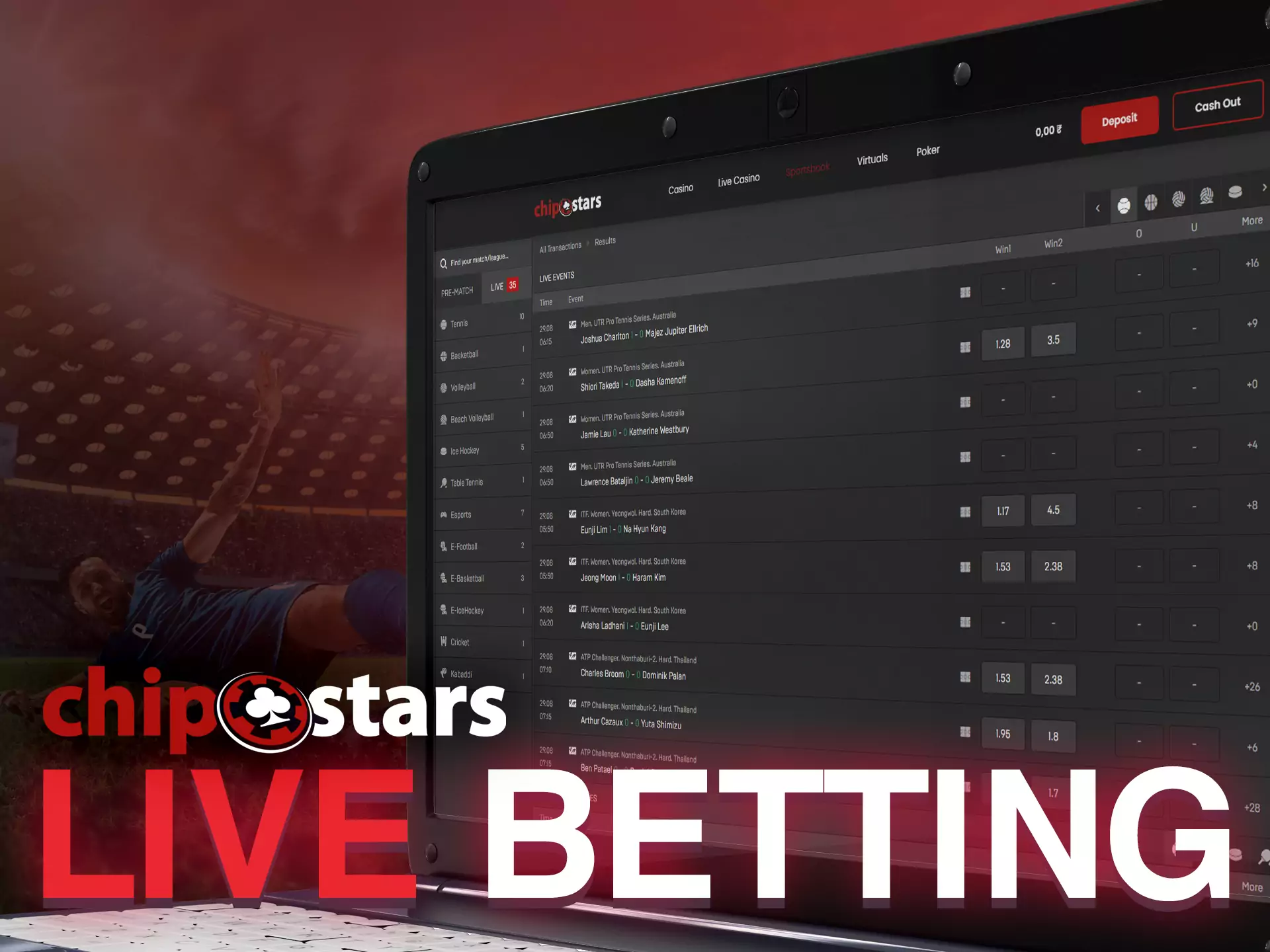 In the live section, you can choose a match and place a bet following this match.