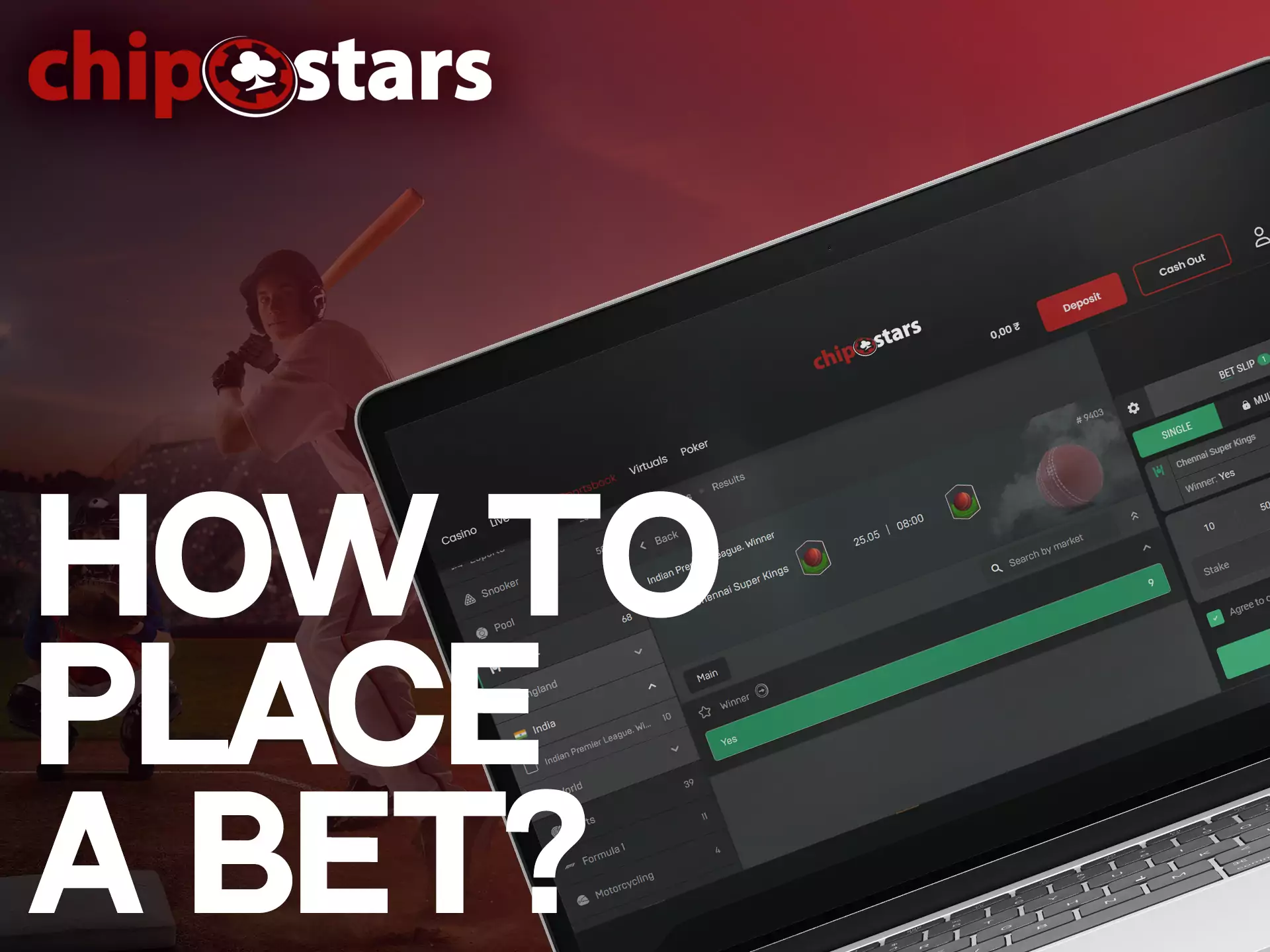 Go to the Chipstars sportsbook, choose a match, make a prediction and bet.