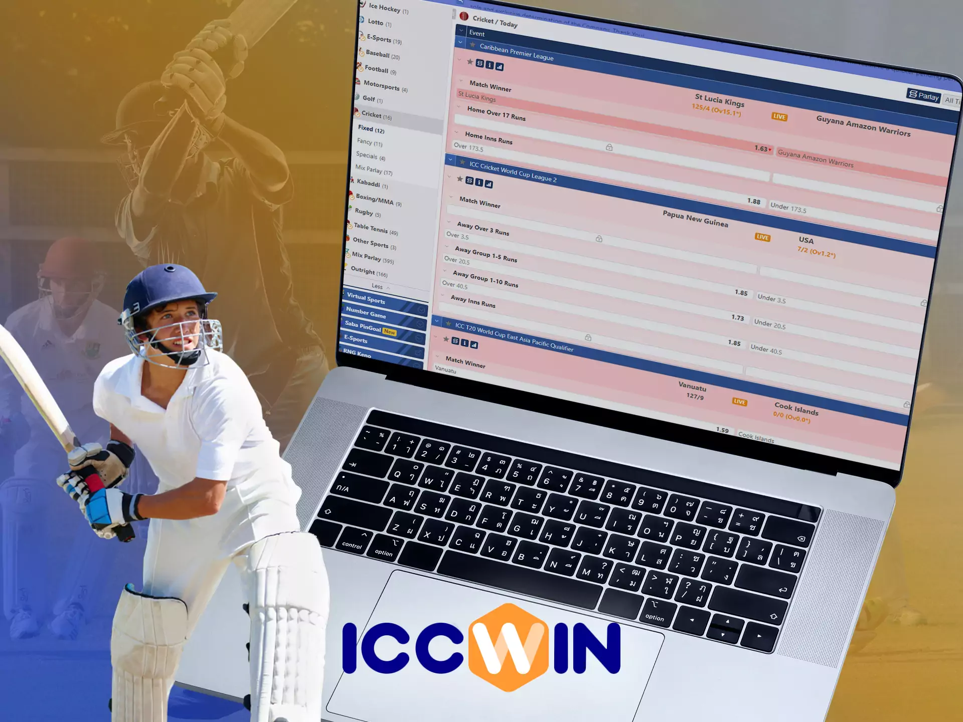 Choose a match and a bet type you want to use on the ICCWin website.