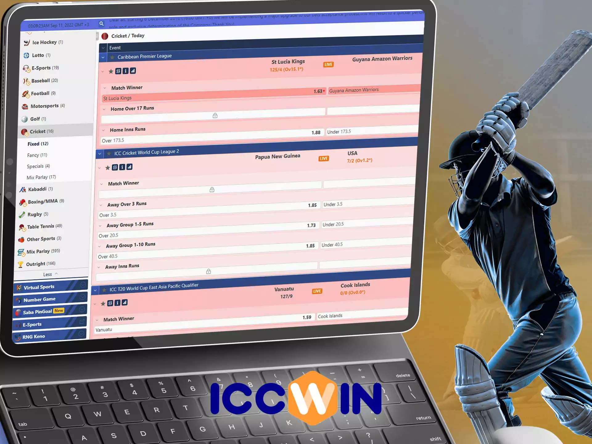 In the sportsbook, you find a wide range of matches available for betting on ICCWin.