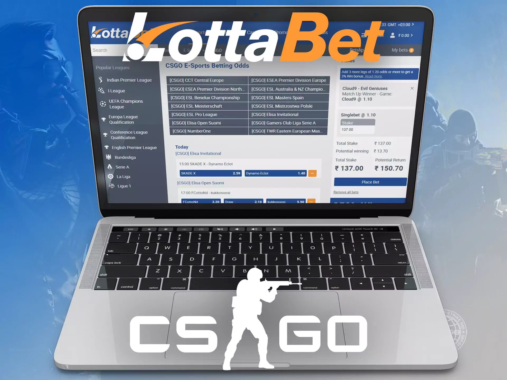 In the esports section on Lottabet, there are lots of CS:GO events available for betting.