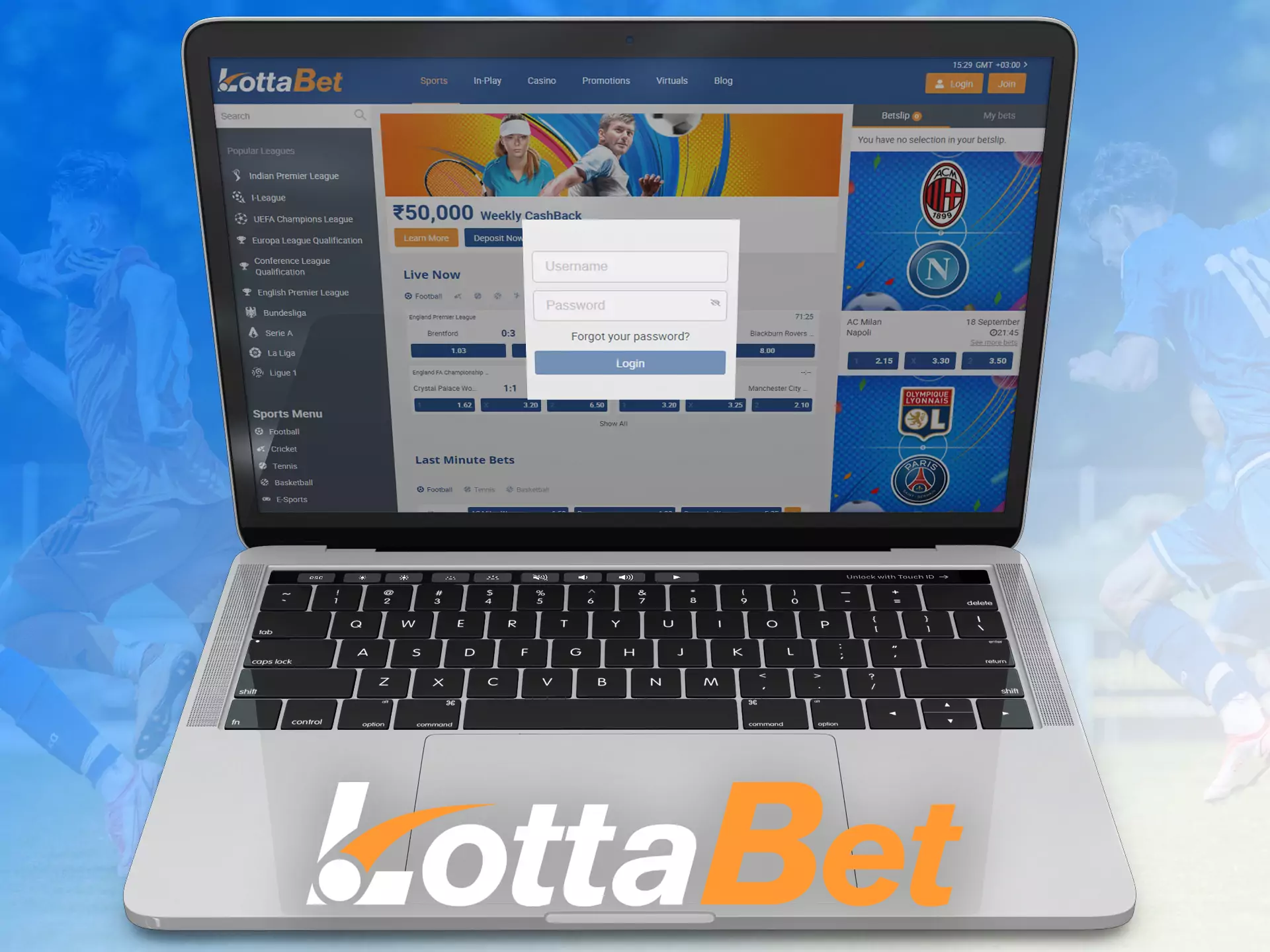Enter your username and password to log into the Lottabet account.