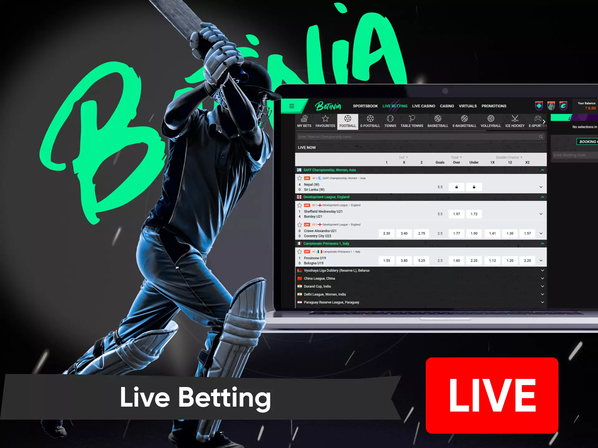 In the section of Betinia live betting, you can follow and bet on events.