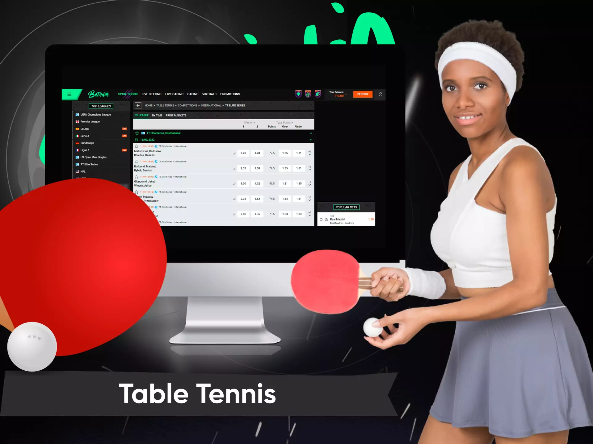 Betting on table tennis is also available in the Betinia sportsbook.