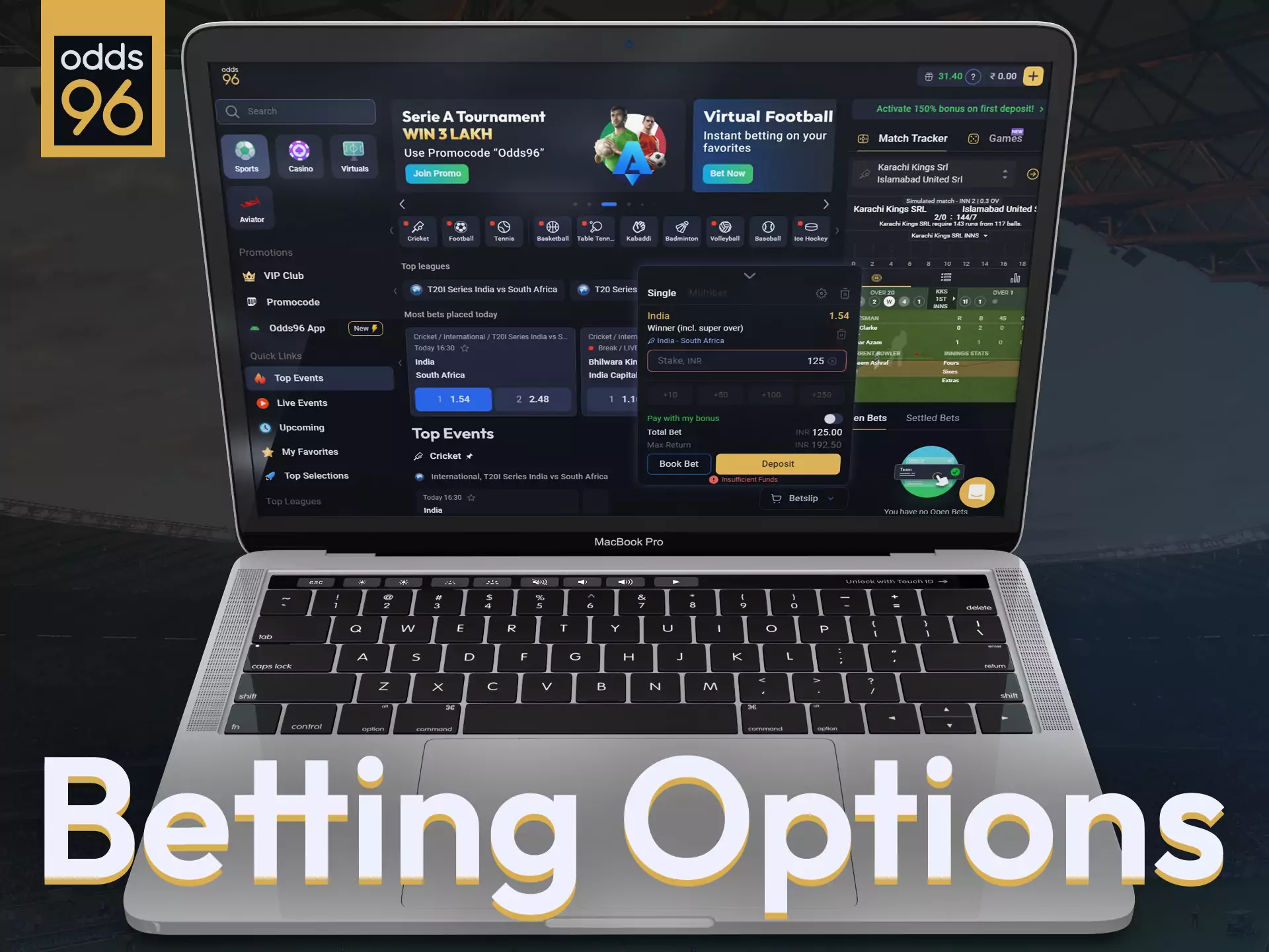 Explore all the betting options for sports and casino in Odds96.