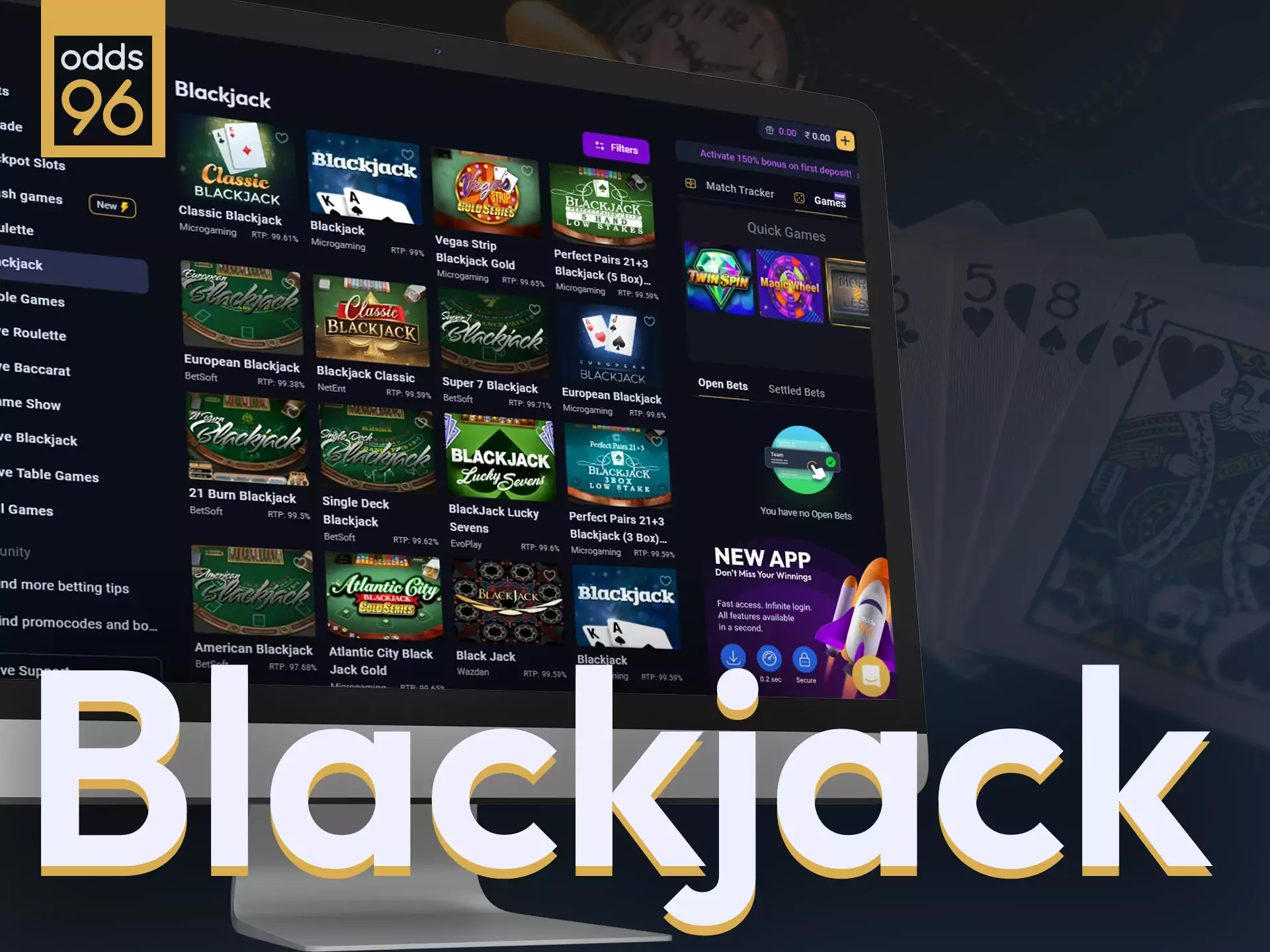 Place bets at Odds96 casino on blackjack.