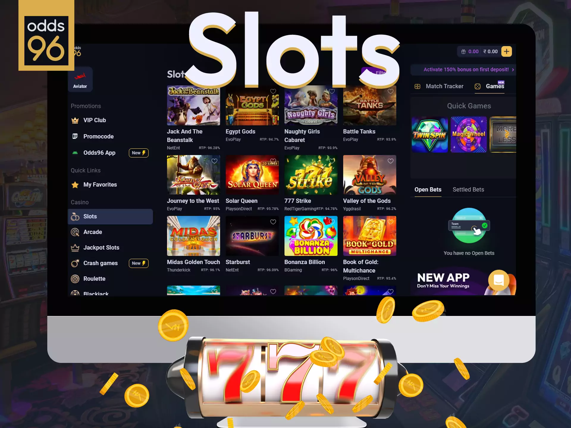 Place bets at Odds96 casino on slots.