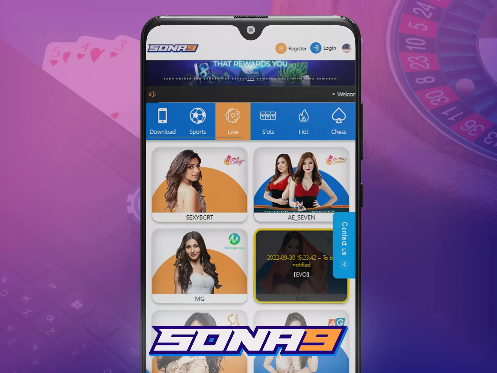 In the Sona9 app, there is a casino section with slots and table games.