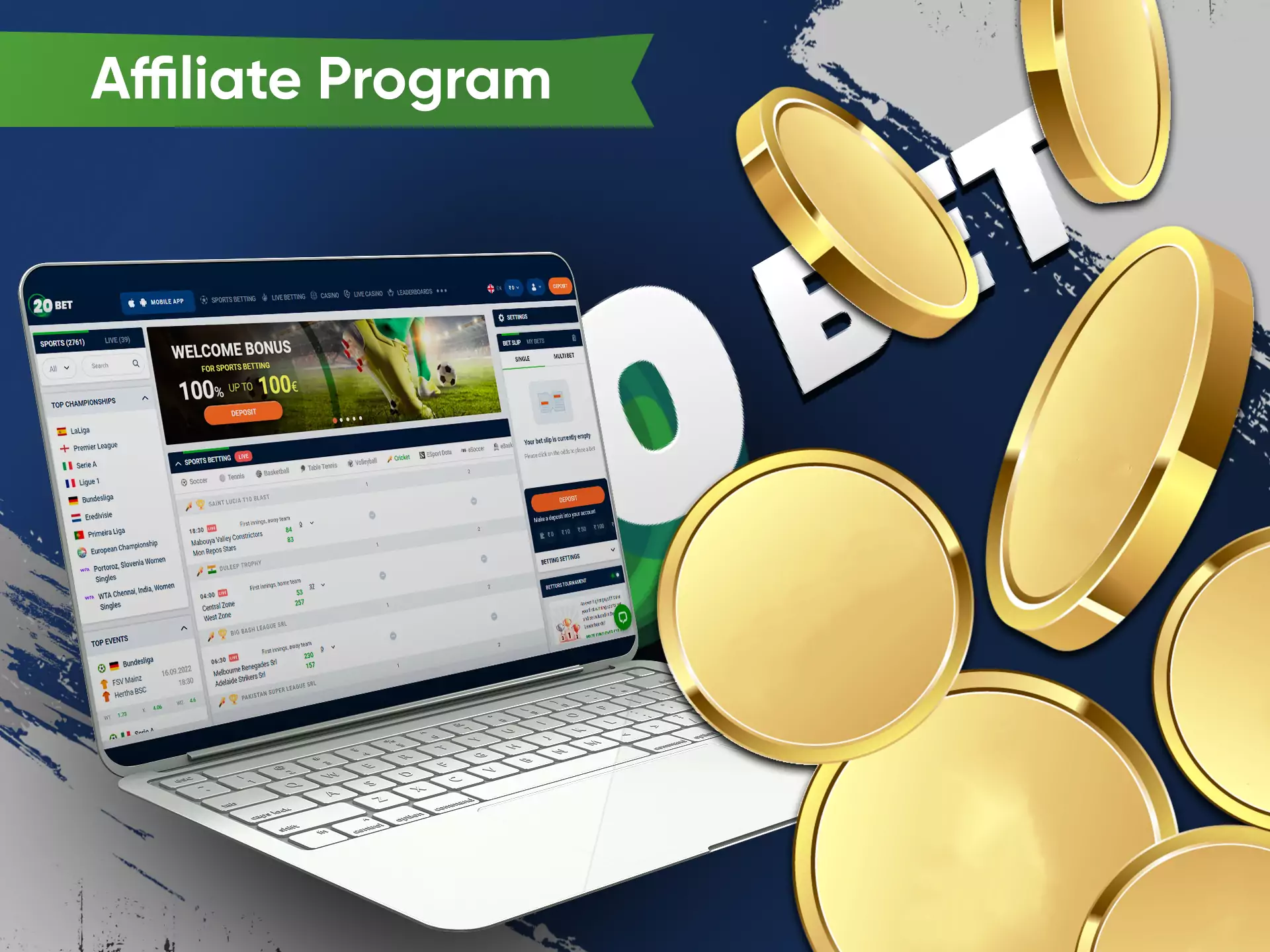 Join the affiliate program of 20bet and get complimentary bonuses.
