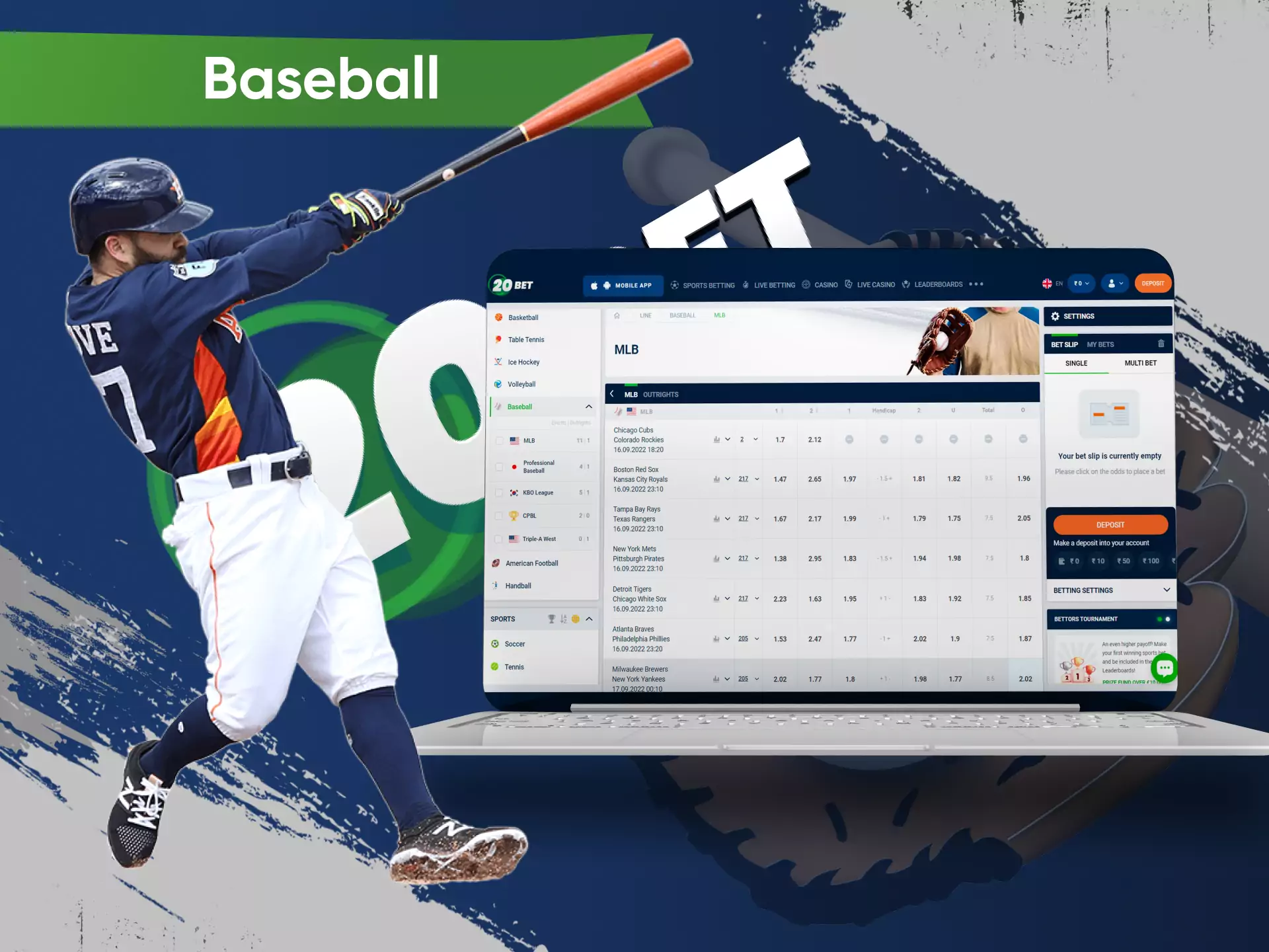 On 20bet, you can place bets on baseball events online.