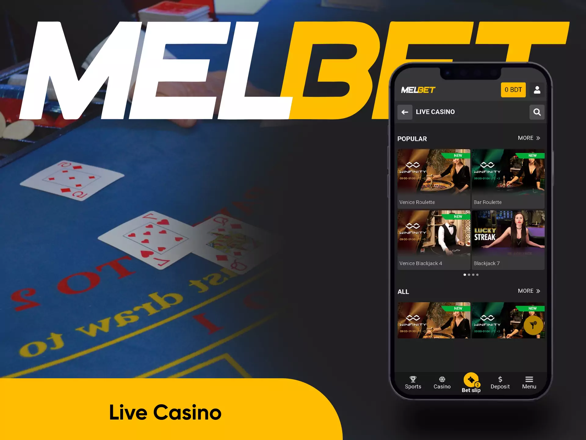 The Live Casino section of the Melbet app is presented poker, blackjack, baccarat and roulette games.