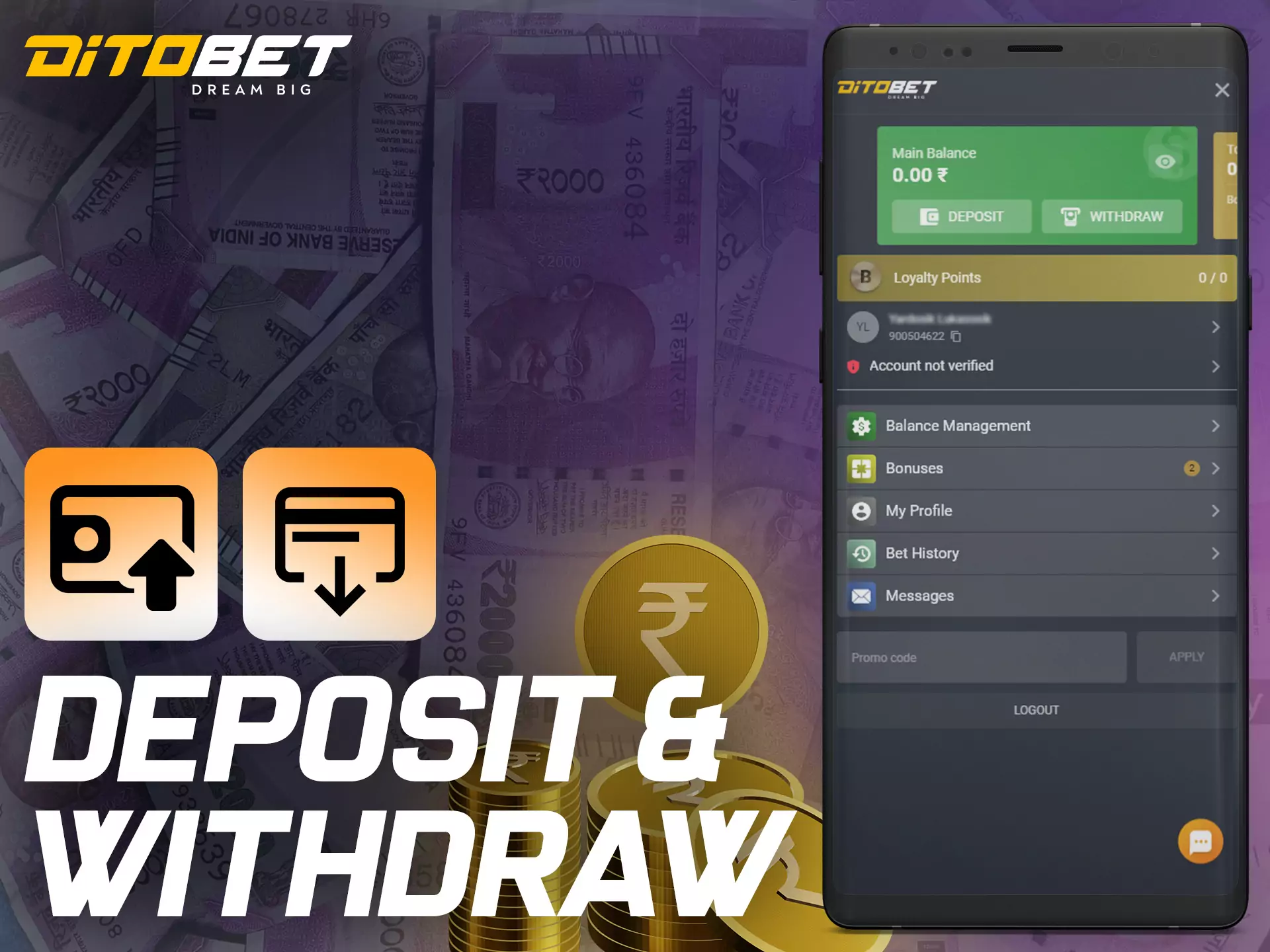 Try Ditobet's simple account deposit and withdrawal mechanisms.