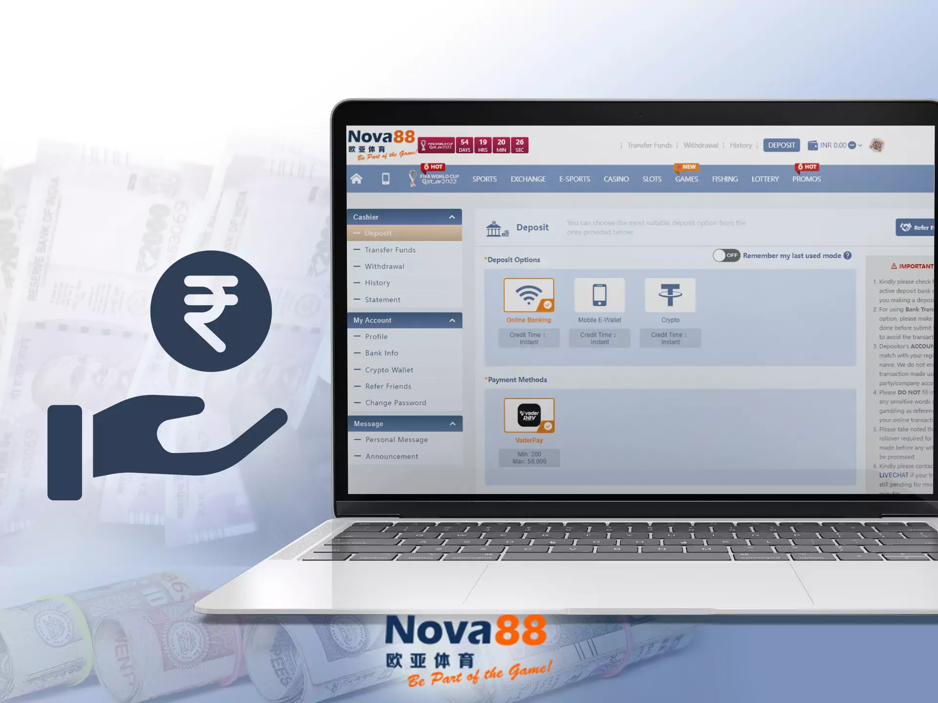 To top up your Nova88 account, just log in and choose a payment system.