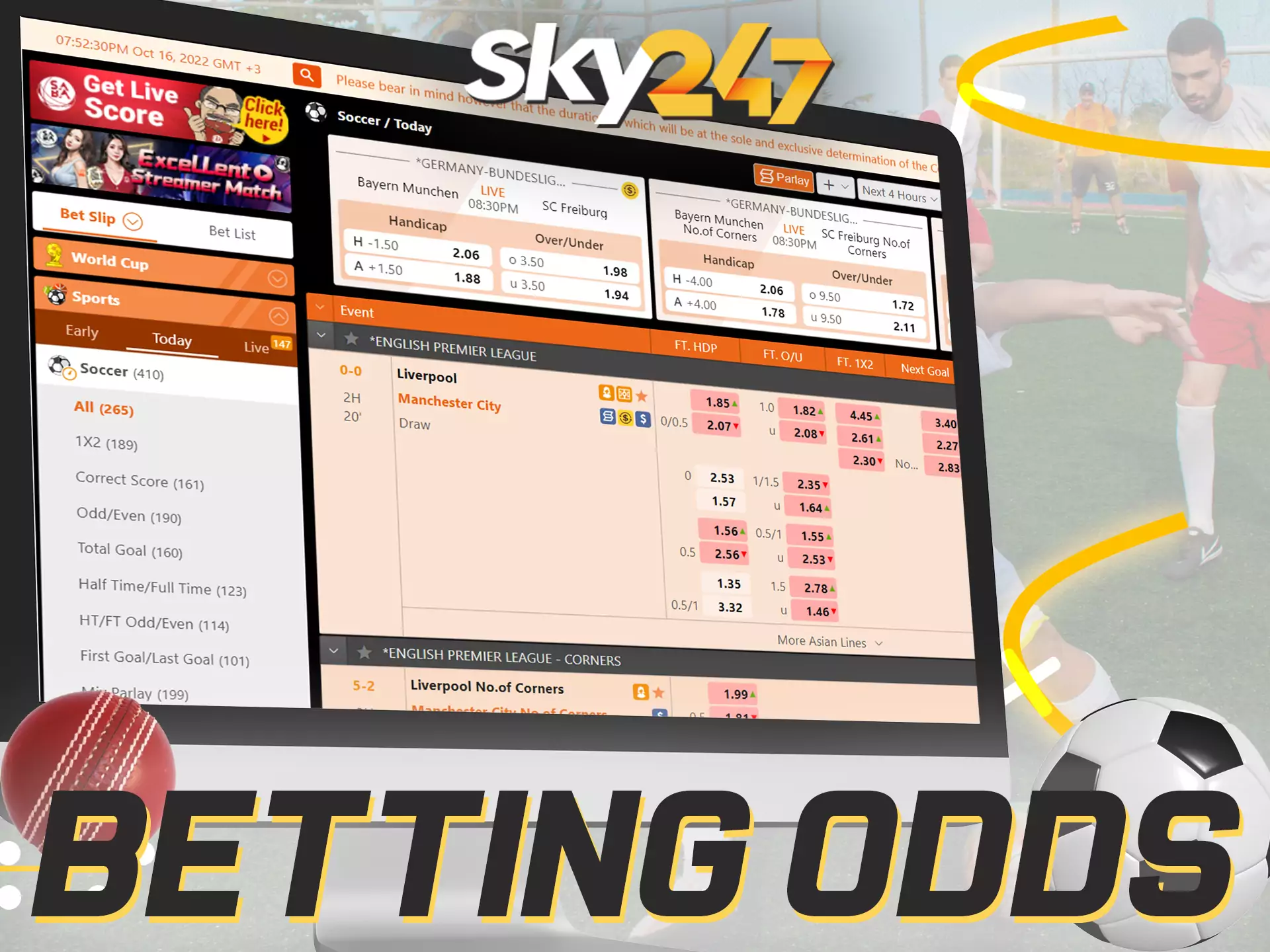 On the Sky247 website, you find great odds for betting on sports.