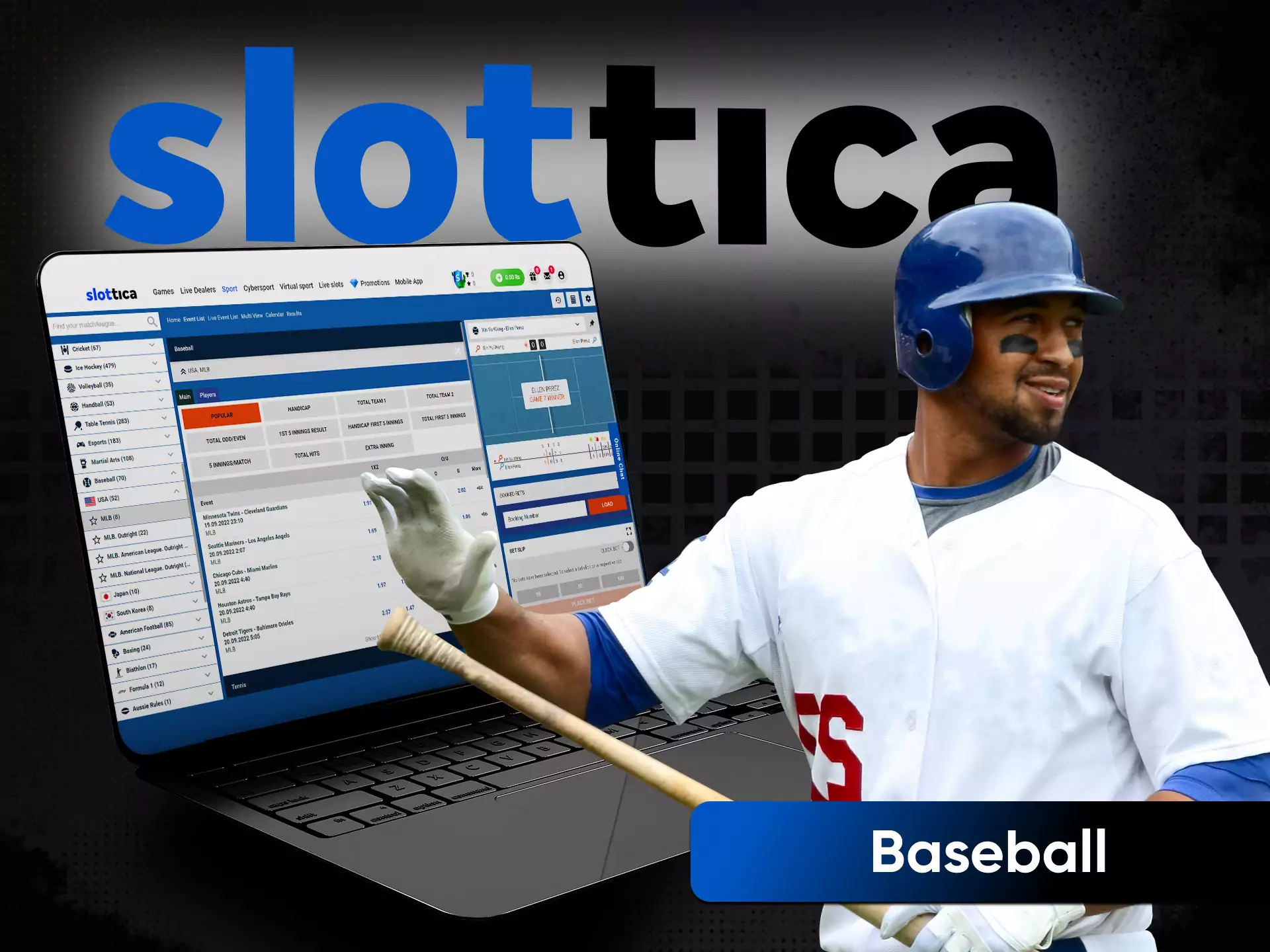 On the Slottica website, sports fans place bets on baseball.
