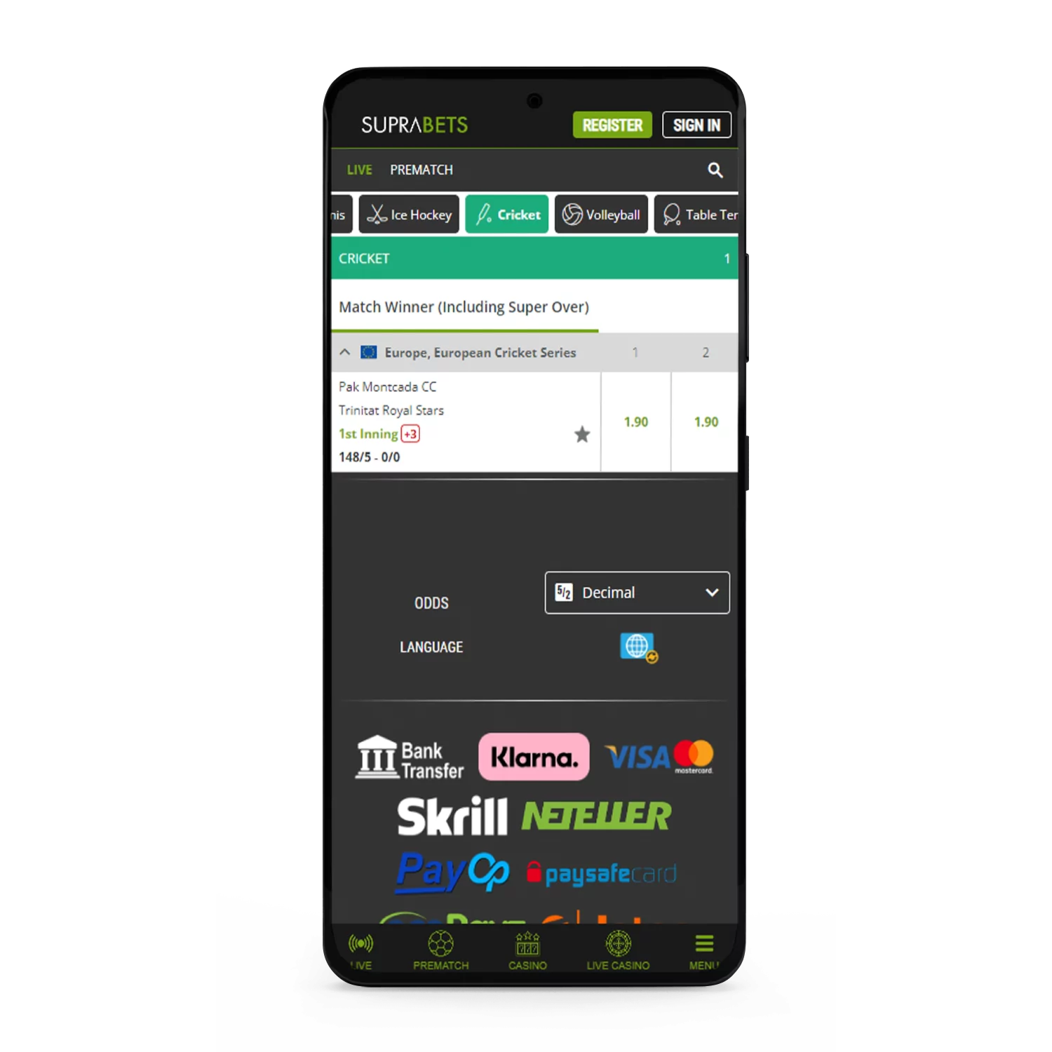 Learn how to place bets on cricket on the Suprabets website from a mobile device.