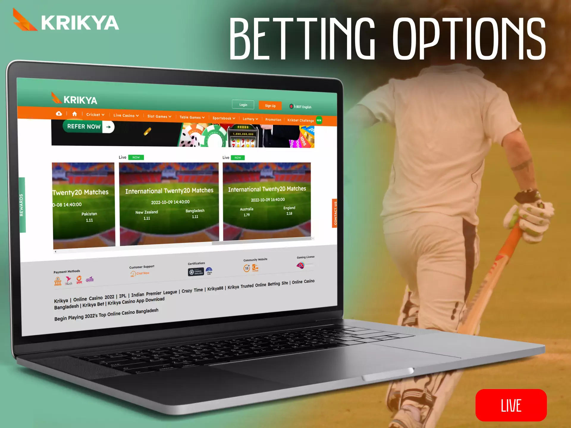 In Krikya, try different betting options for various sporting events.