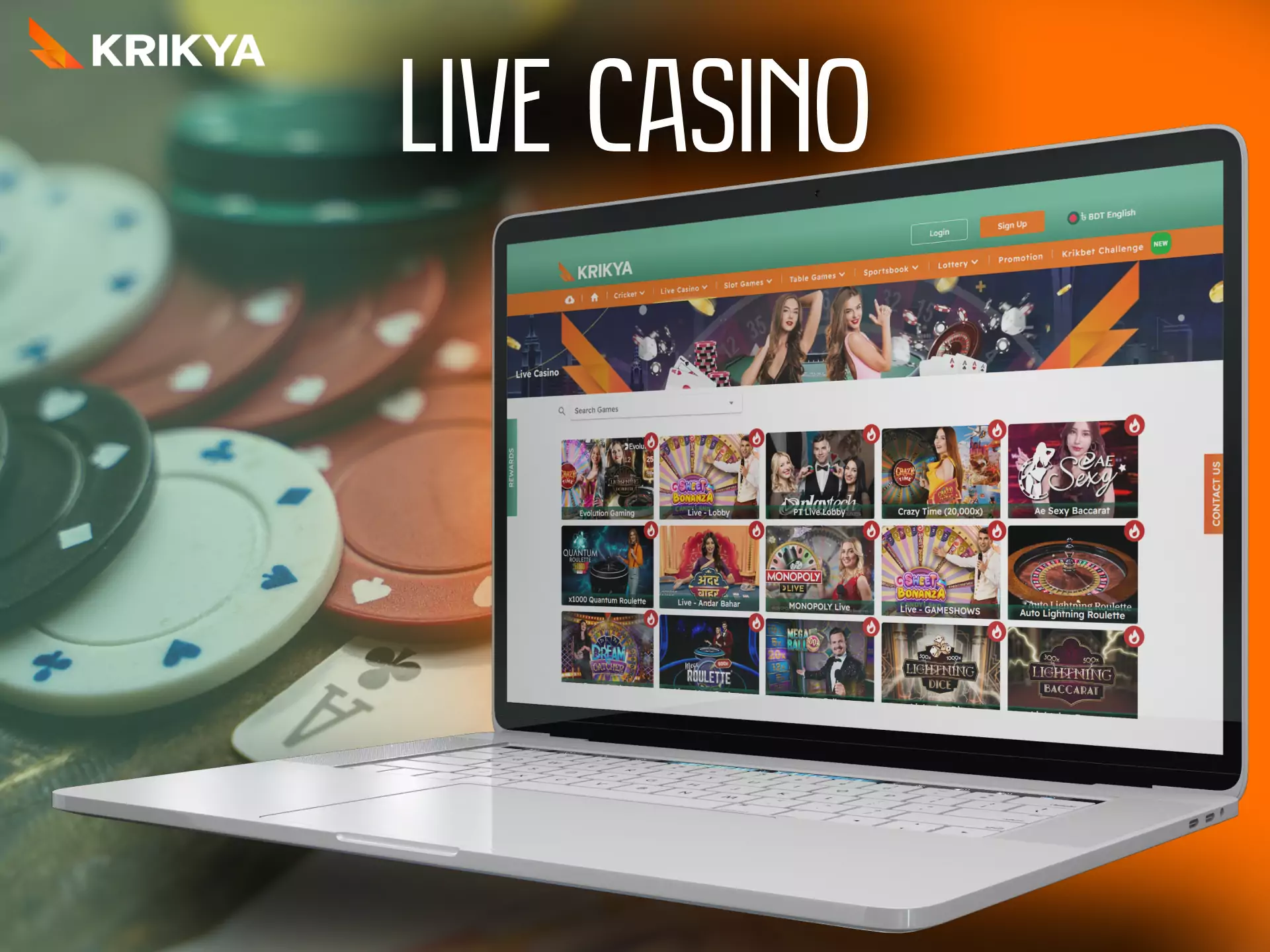 On Krikya, play your favorite games with dealers in live casino.