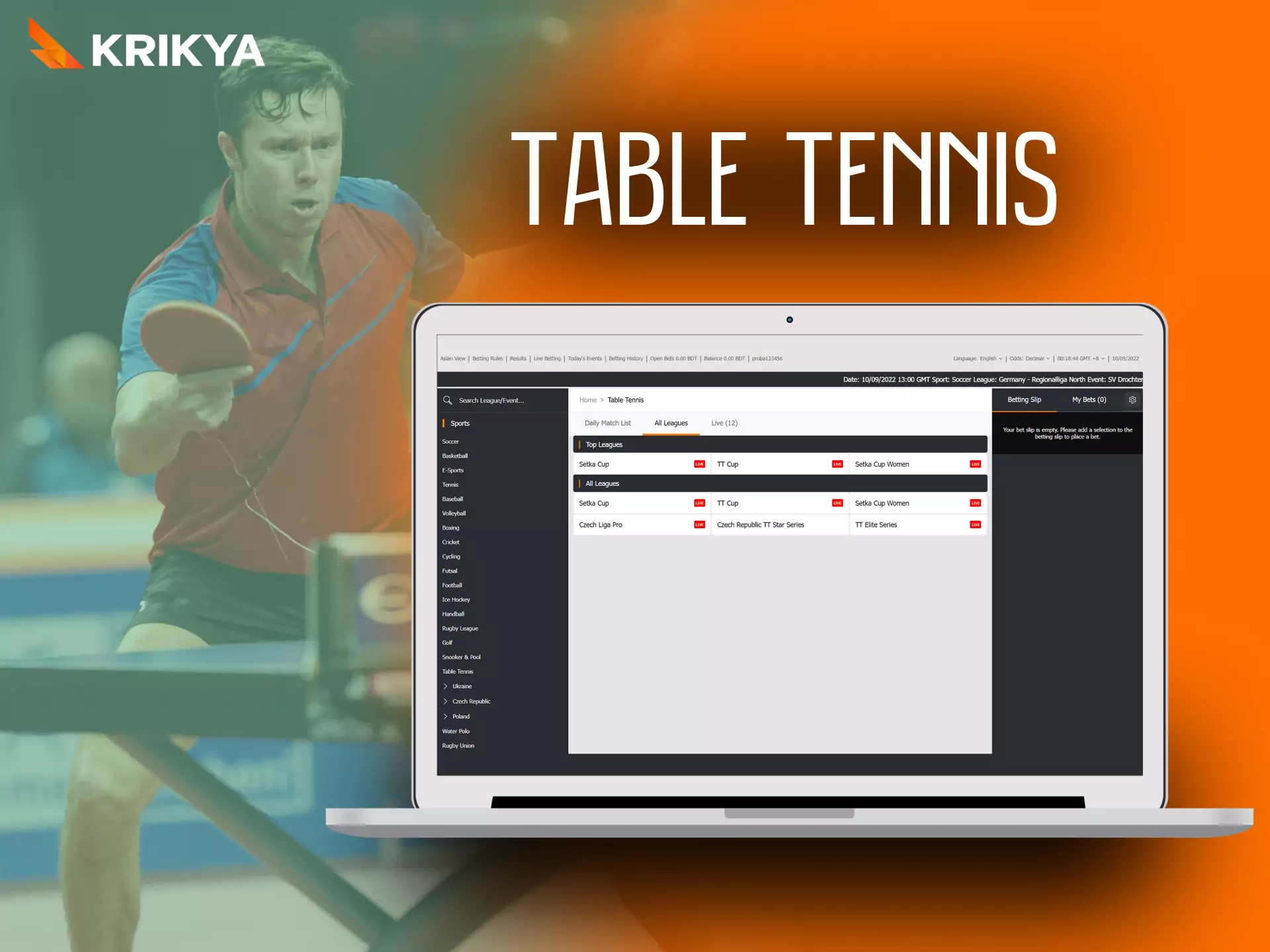 On Krikya, place bets on various table tennis sports events.