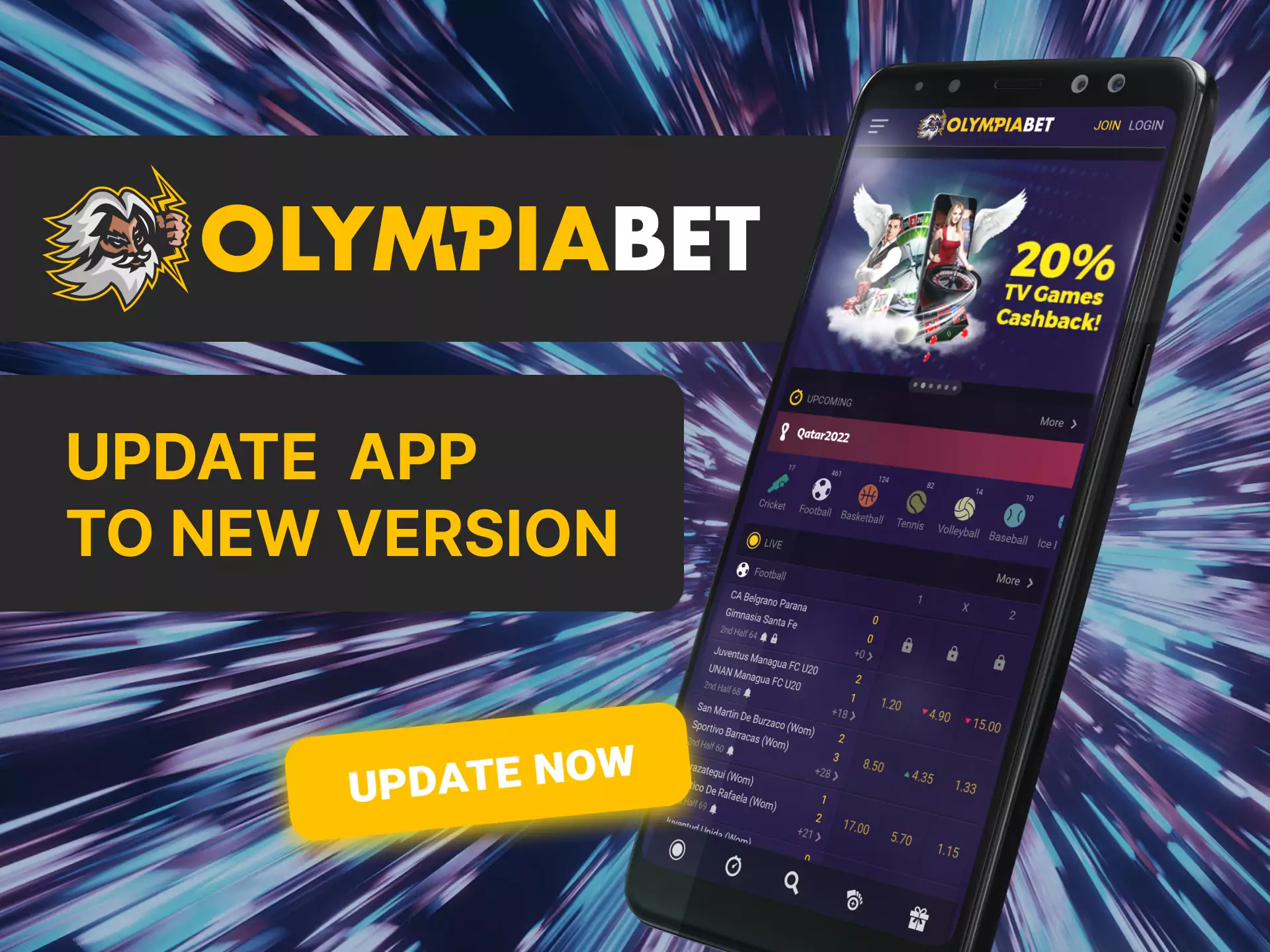 Update the OlympiaBet app on your device so that you don't miss out on important bonuses and new features.