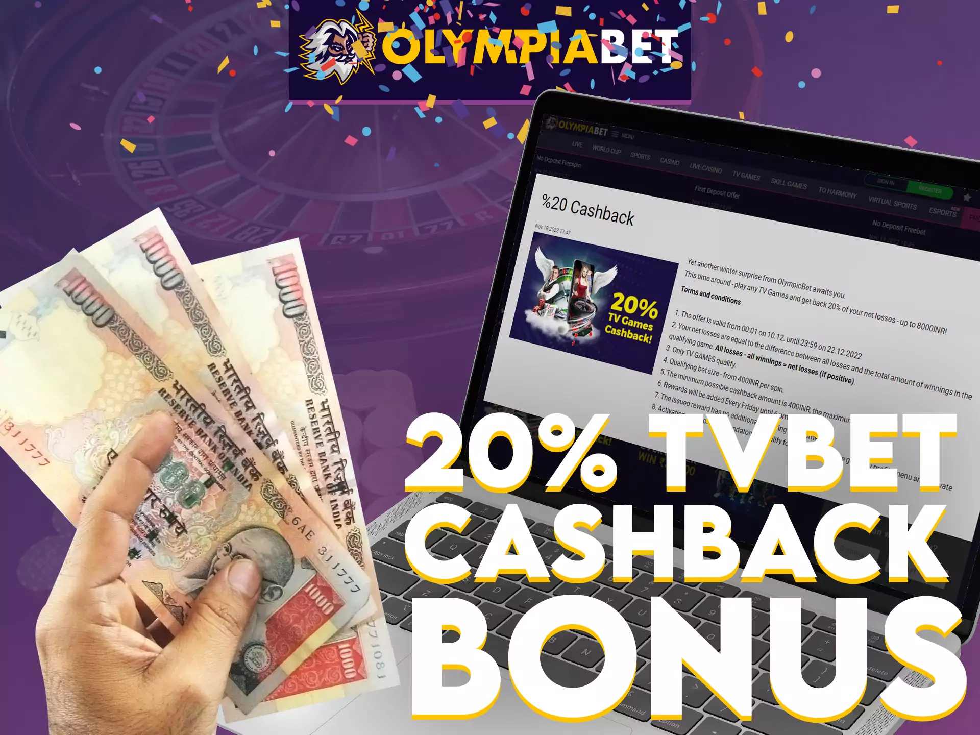 Join OlympiaBet and get 20% cashback up to INR 8,000.