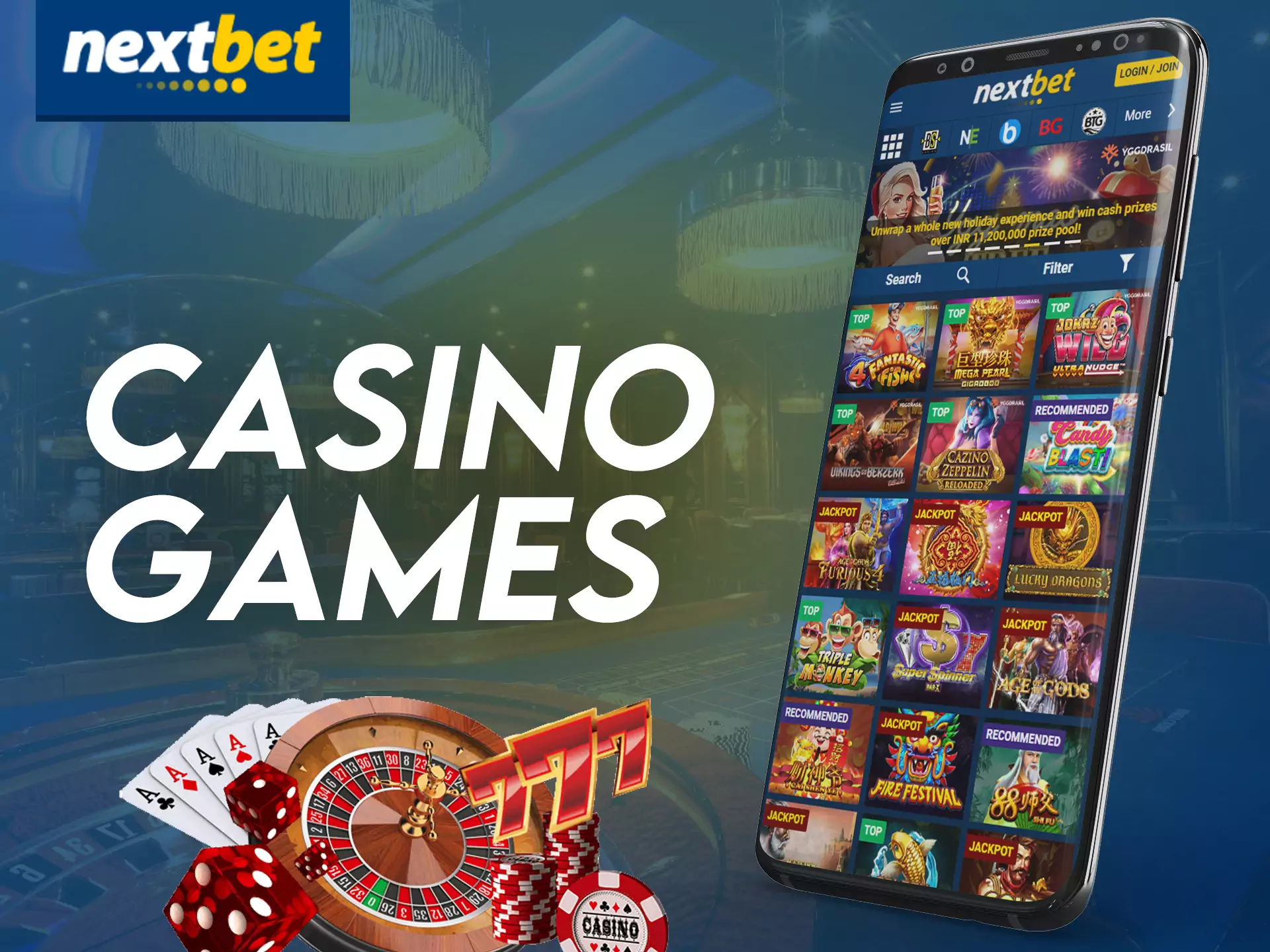 Try to play various casino games in the Nextbet app.