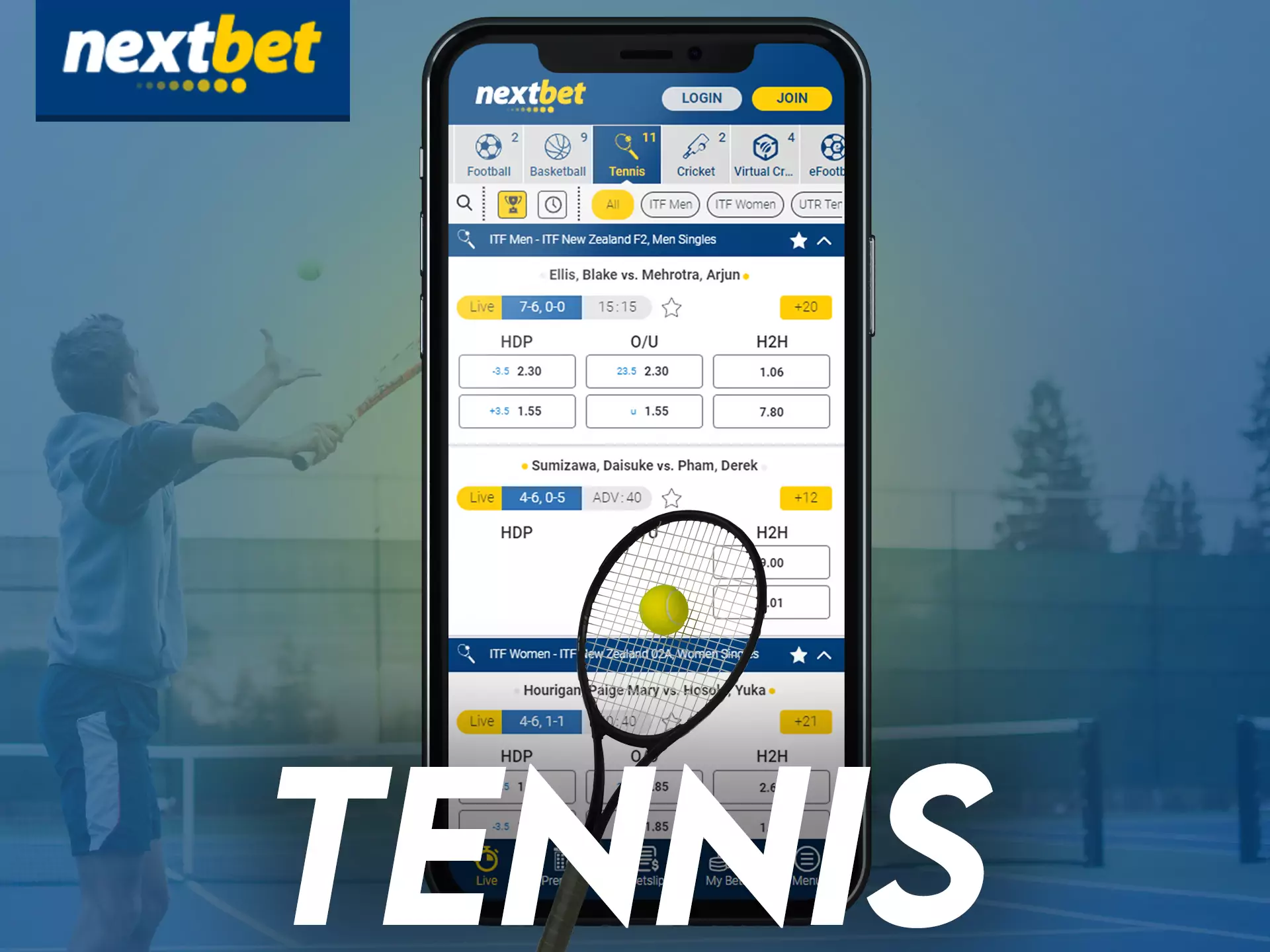 Place bets on tennis in the Nextbet app.