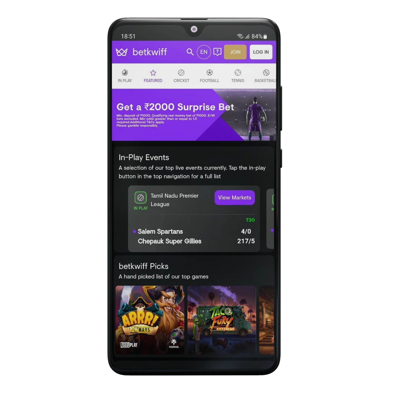 Betkwiff app for betting and casino games.