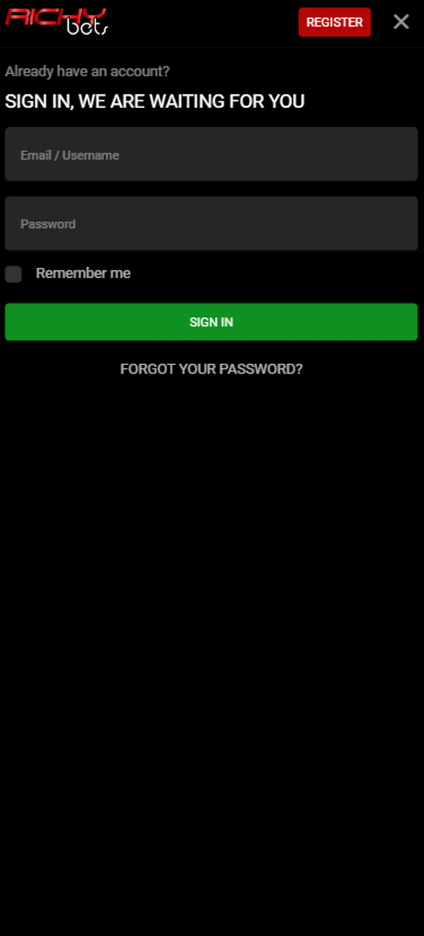 Make a new Richybets account and start betting.