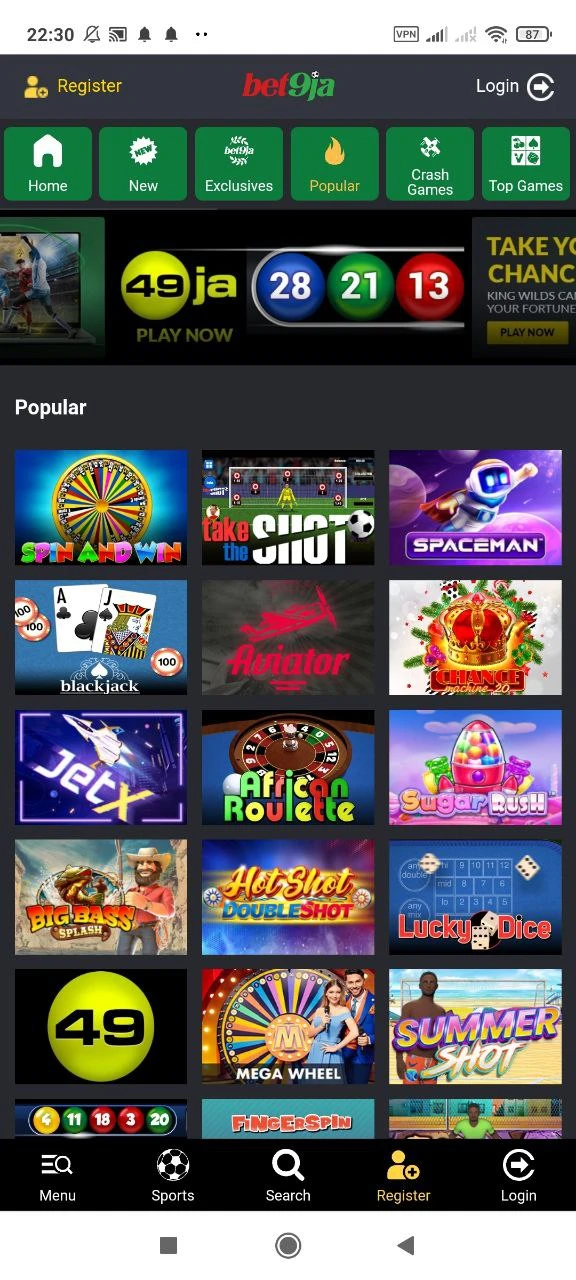 Play exciting games in the Bet9ja app casino.