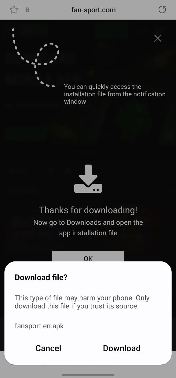 Complete the downloading process of the Fansport app.