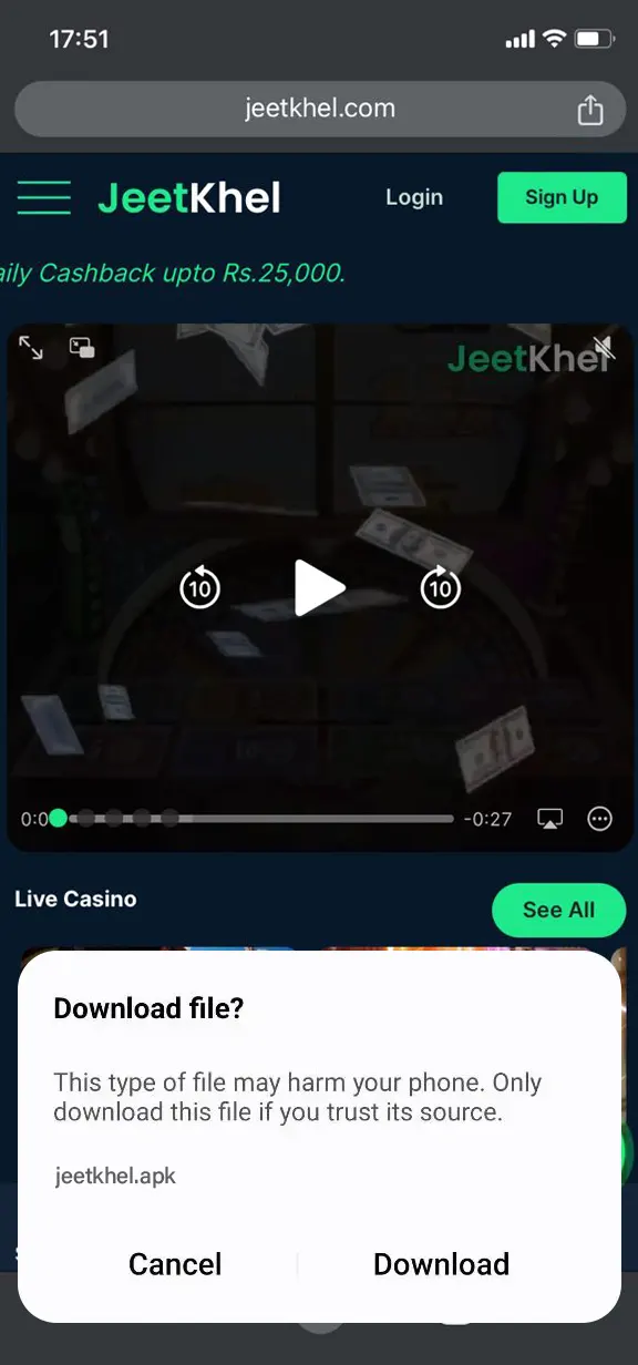 Download the Apk file on the Jeetkhel website.