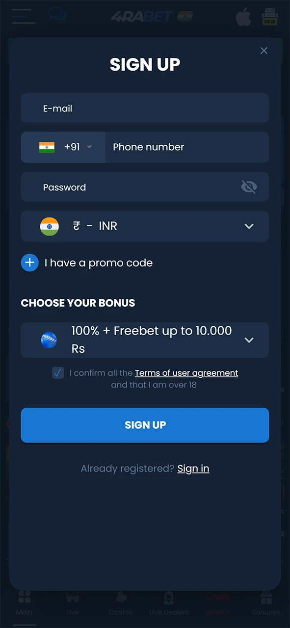 Create a 4Rabet account or log in.