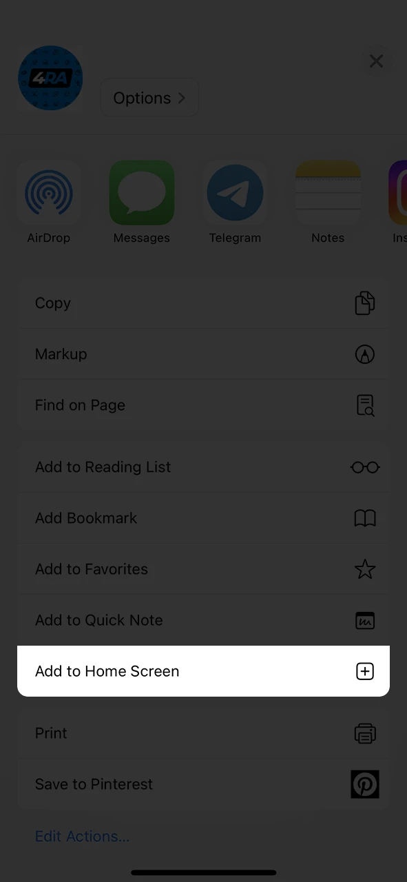 Select Add to Home Screen from the list of options.