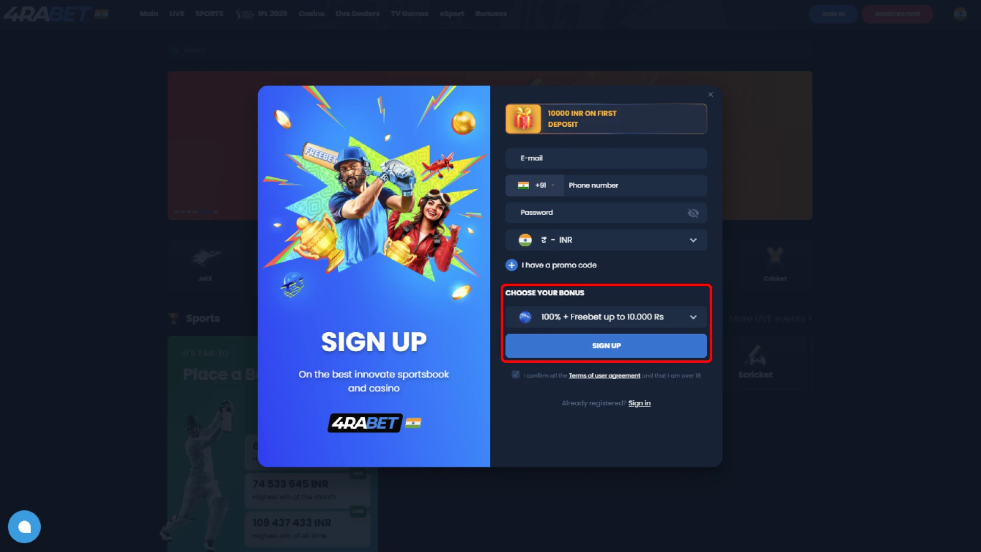 Choose a bonus and register on 4rabet.