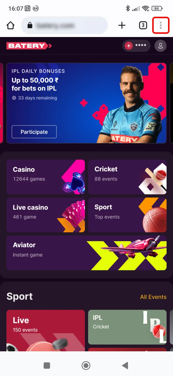 Tap the menu icon on the Batery website.