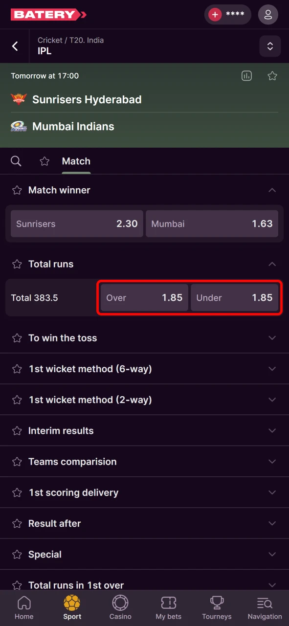 Choose a suitable bet type in the Batery app.