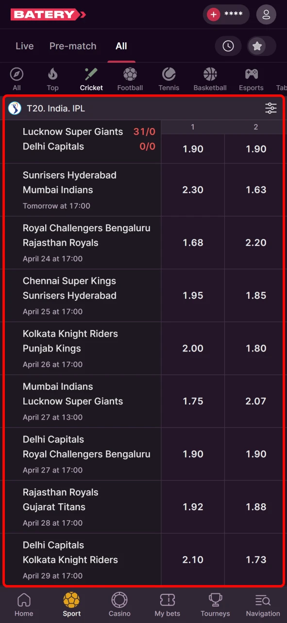 Select a match or event available in the Batery app.