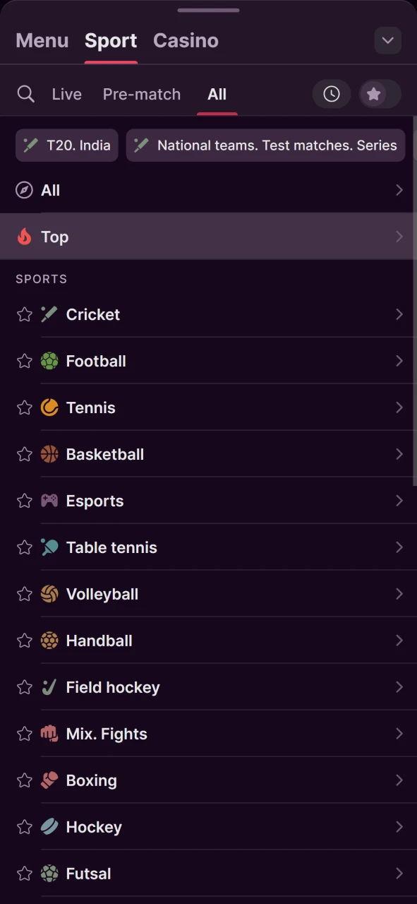 Find various sports betting markets inside the Batery mobile application.