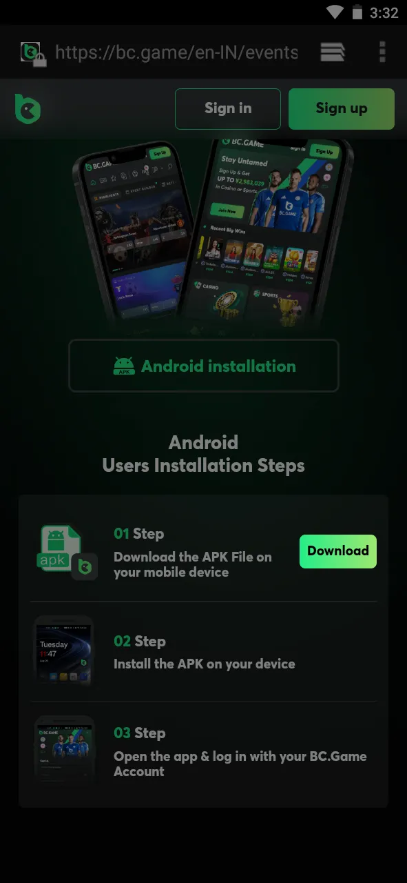 Click on the button to download the BC Game application.
