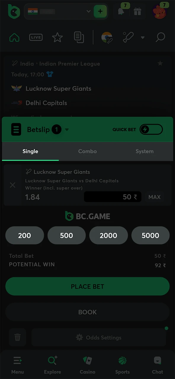 Specify the bet type and amount on the BC Game.