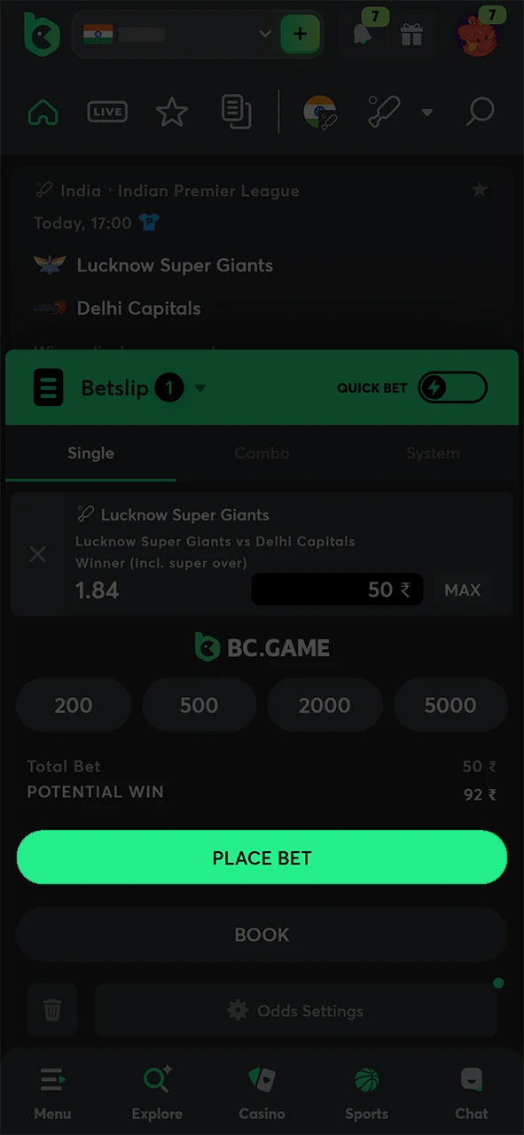 Confirm your bet on the BC Game.