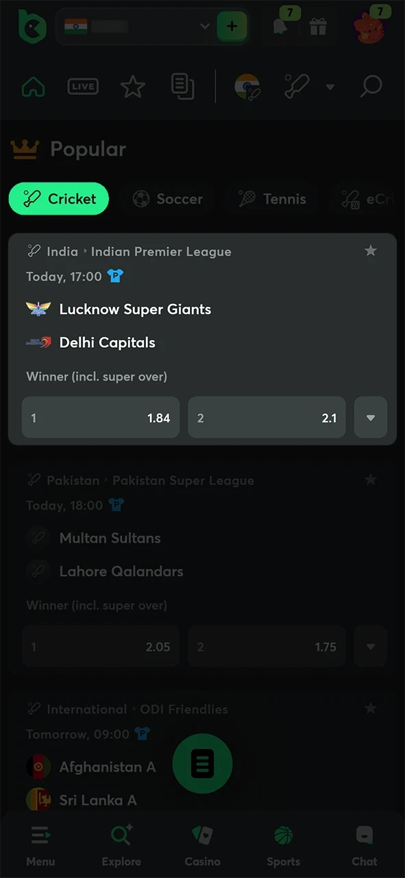 Select the sport and event available on BC Game.