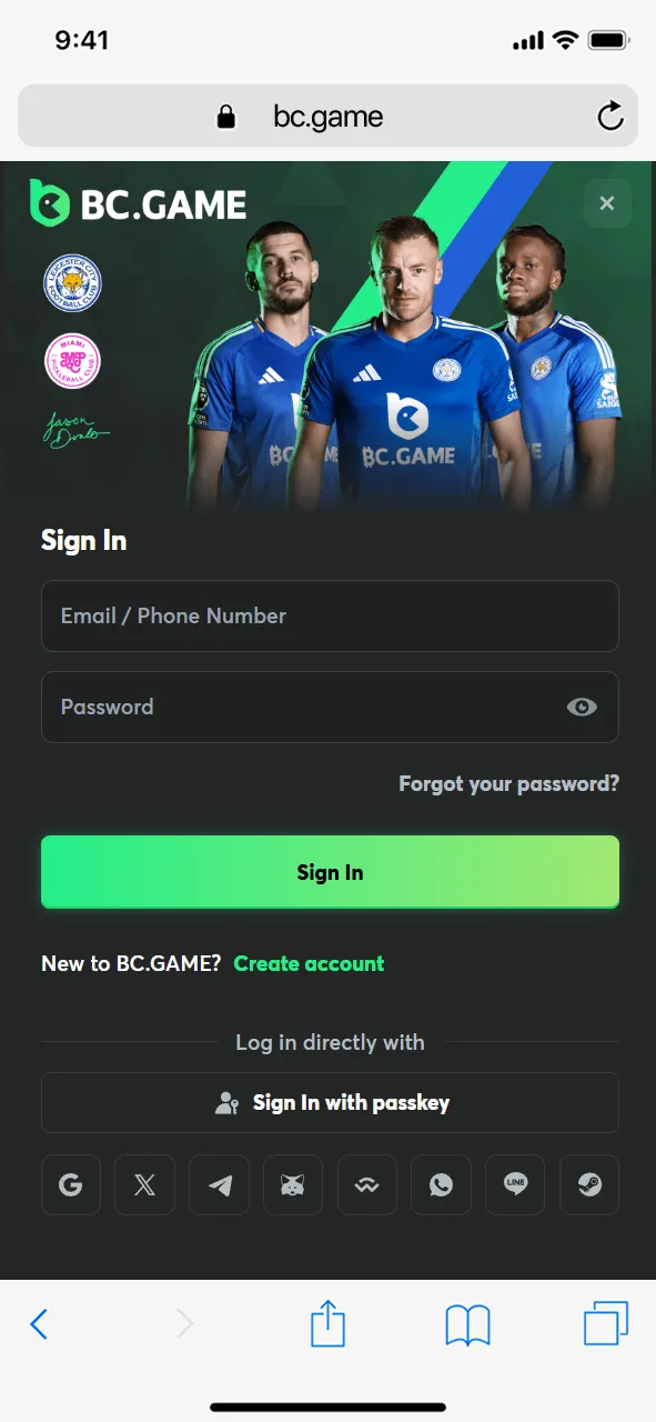 Create or log in to your BC Game account.