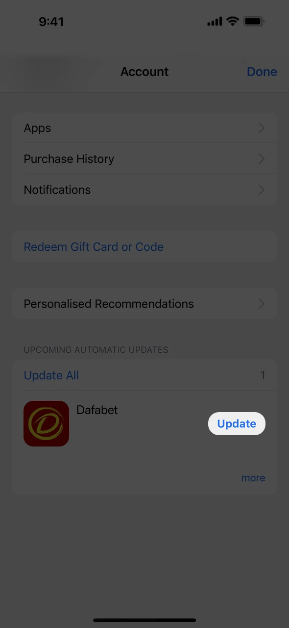 Click on the button to update the Dafabet app.