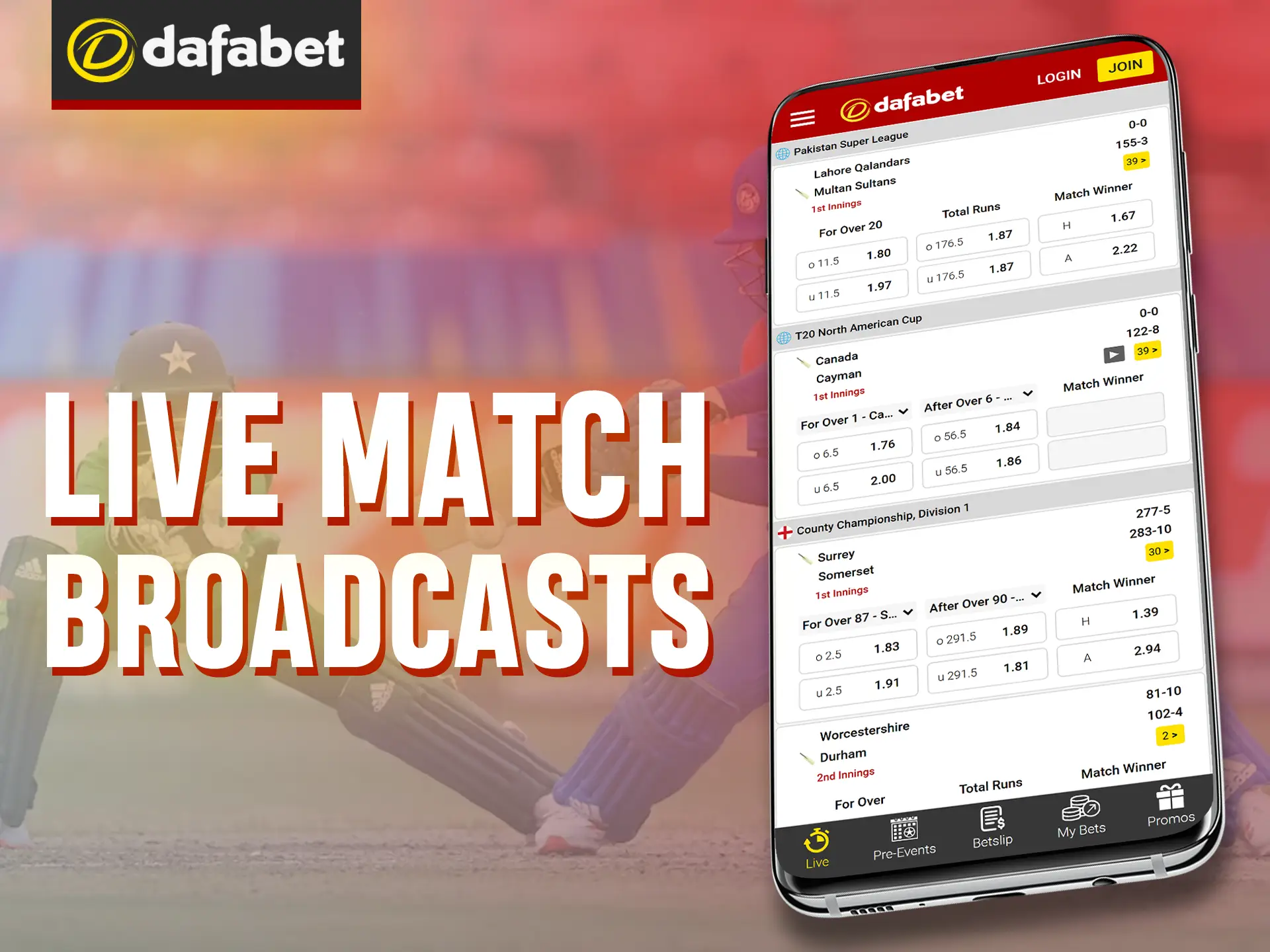 Watch live cricket and other sports on the Dafabet app.