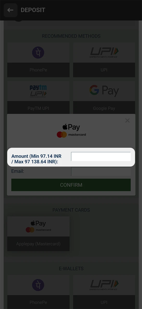 Enter the amount you want to deposit to your Melbet wallet.