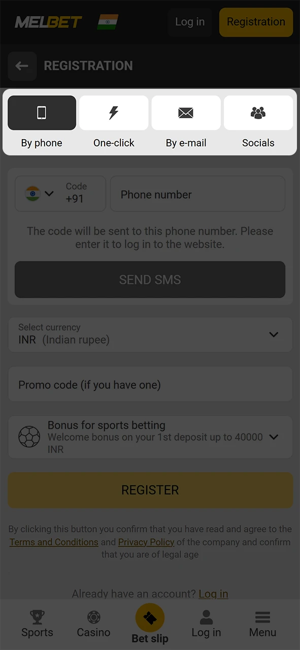 Choose a convenient method of registration at Melbet.